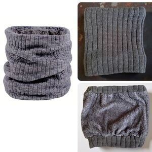 Gray Ribbed Knit Neck Warmer Scarf with Faux Fur Lining